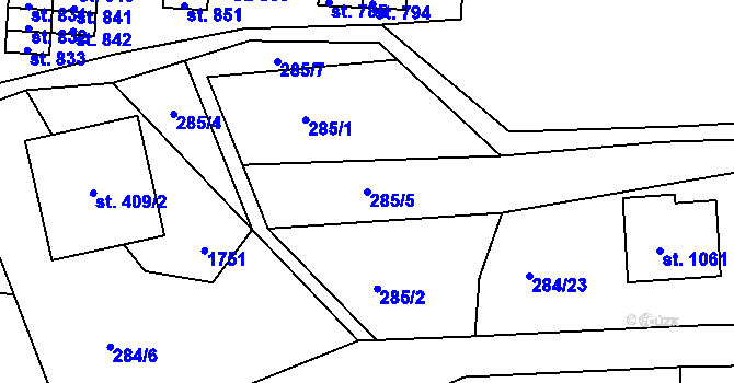 Parcela st. 285/5 v KÚ Nepomuk, Katastrální mapa