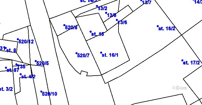 Parcela st. 16/1 v KÚ Dvérce, Katastrální mapa