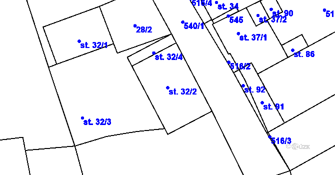 Parcela st. 32/2 v KÚ Dvérce, Katastrální mapa