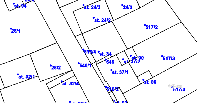 Parcela st. 34 v KÚ Dvérce, Katastrální mapa