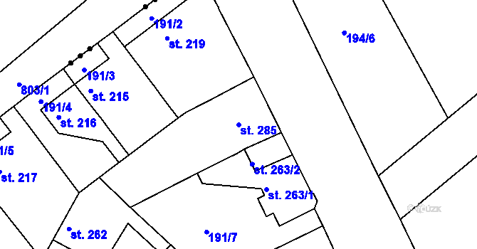 Parcela st. 285 v KÚ Neratovice, Katastrální mapa