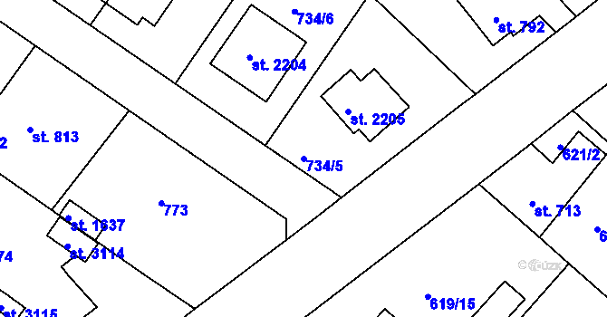 Parcela st. 734/5 v KÚ Neratovice, Katastrální mapa