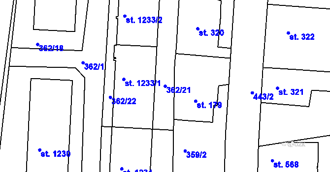 Parcela st. 362/21 v KÚ Neratovice, Katastrální mapa