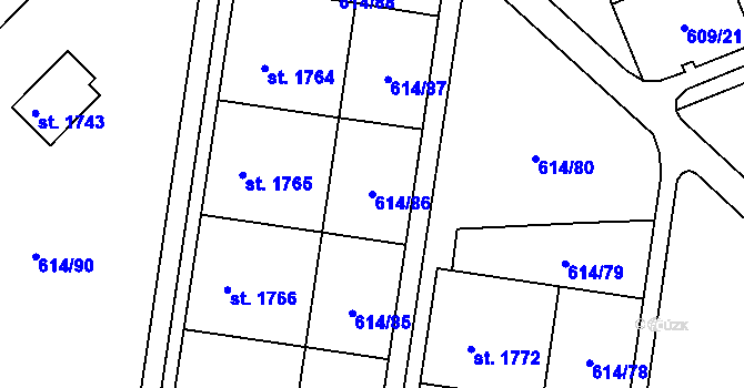 Parcela st. 614/86 v KÚ Neratovice, Katastrální mapa