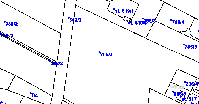 Parcela st. 205/3 v KÚ Byškovice, Katastrální mapa