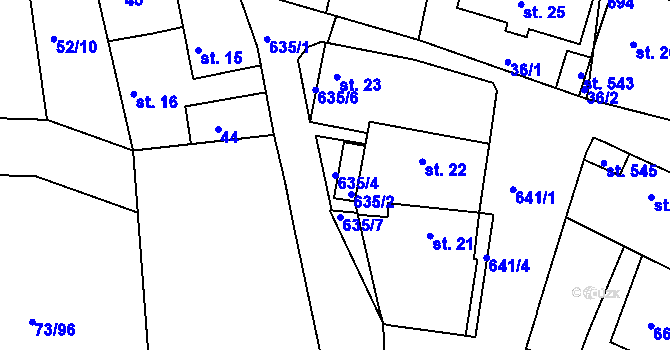 Parcela st. 635/4 v KÚ Byškovice, Katastrální mapa