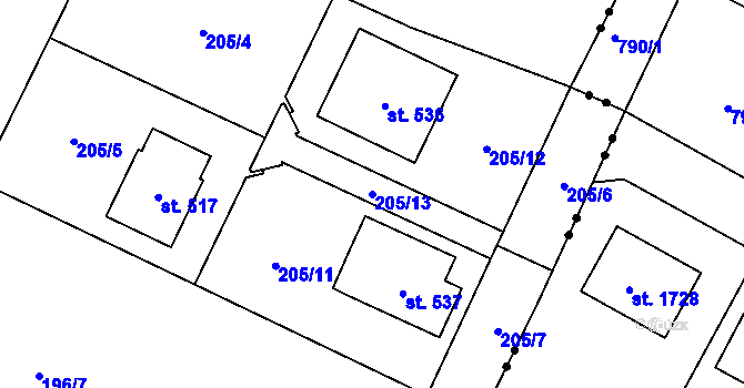 Parcela st. 205/13 v KÚ Byškovice, Katastrální mapa