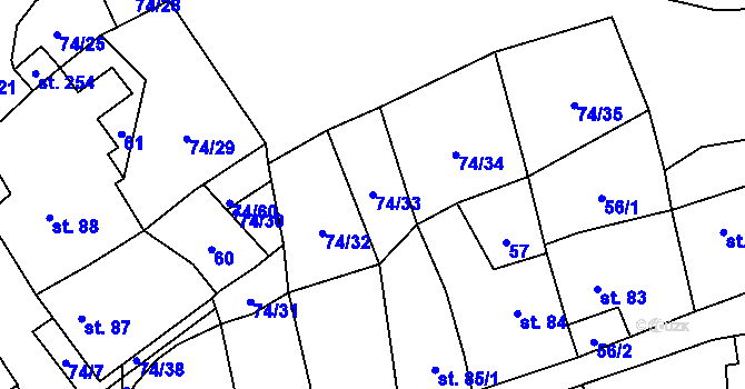 Parcela st. 74/33 v KÚ Neslovice, Katastrální mapa