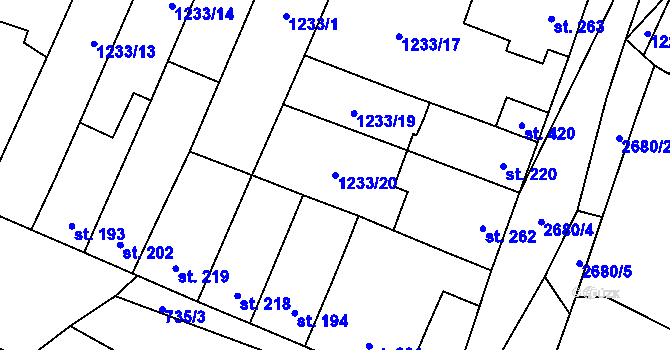 Parcela st. 1233/20 v KÚ Neslovice, Katastrální mapa