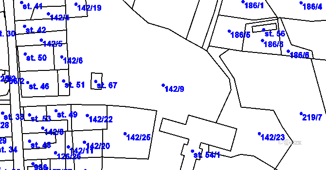 Parcela st. 142/9 v KÚ Klikařov, Katastrální mapa