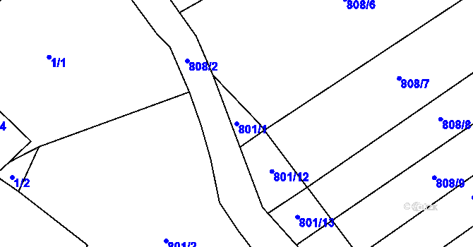 Parcela st. 801/1 v KÚ Nevřeň, Katastrální mapa