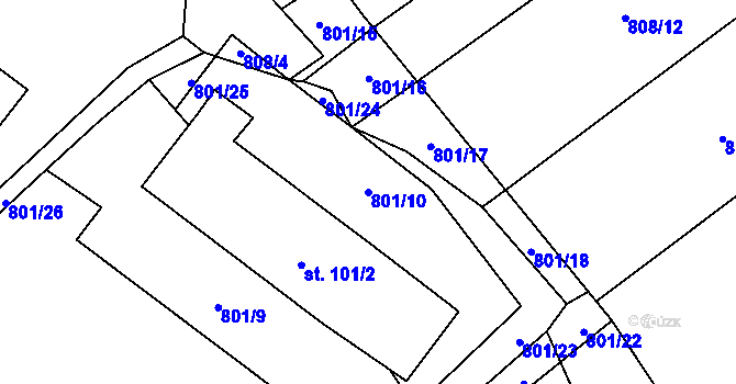 Parcela st. 801/10 v KÚ Nevřeň, Katastrální mapa