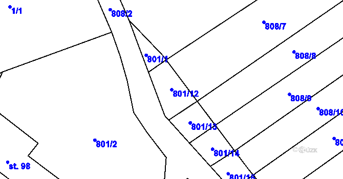 Parcela st. 801/12 v KÚ Nevřeň, Katastrální mapa