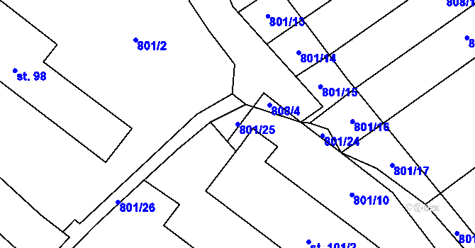 Parcela st. 801/25 v KÚ Nevřeň, Katastrální mapa