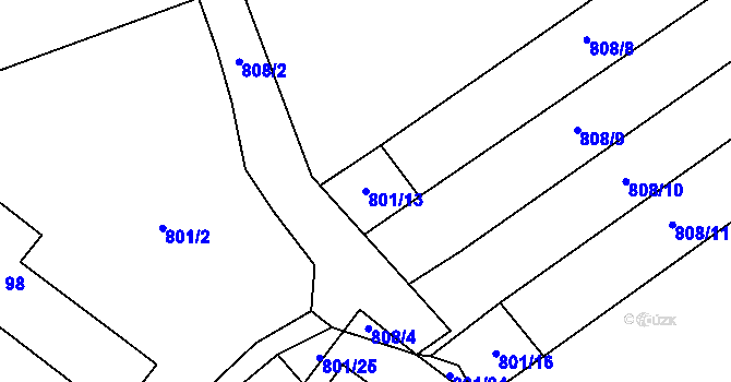 Parcela st. 801/13 v KÚ Nevřeň, Katastrální mapa