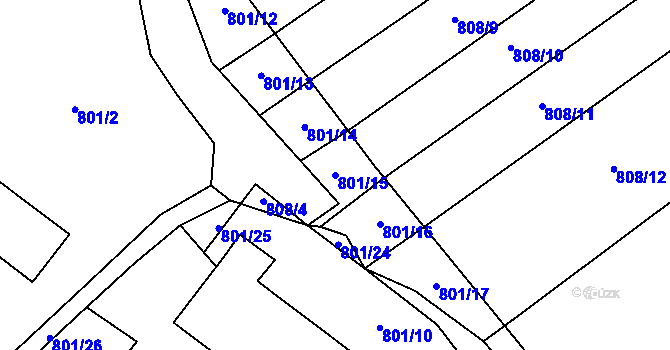 Parcela st. 801/15 v KÚ Nevřeň, Katastrální mapa