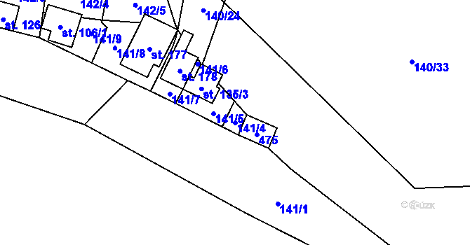 Parcela st. 141/4 v KÚ Nezabudice, Katastrální mapa