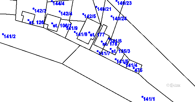 Parcela st. 141/7 v KÚ Nezabudice, Katastrální mapa