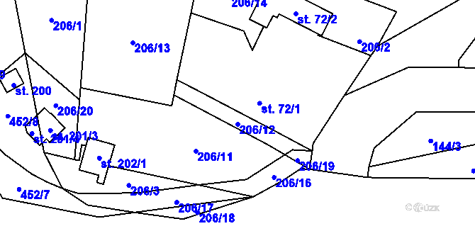 Parcela st. 206/12 v KÚ Nezabudice, Katastrální mapa