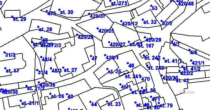 Parcela st. 420/1 v KÚ Nezabudice, Katastrální mapa