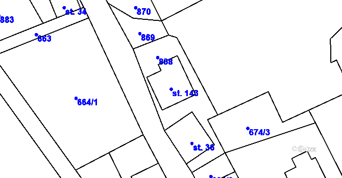 Parcela st. 143 v KÚ Nižní Lhoty, Katastrální mapa