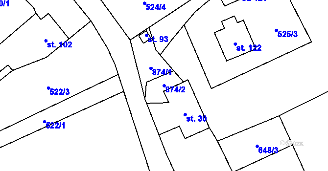 Parcela st. 874/2 v KÚ Nižní Lhoty, Katastrální mapa