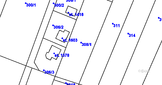 Parcela st. 308/1 v KÚ Nová Bystřice, Katastrální mapa
