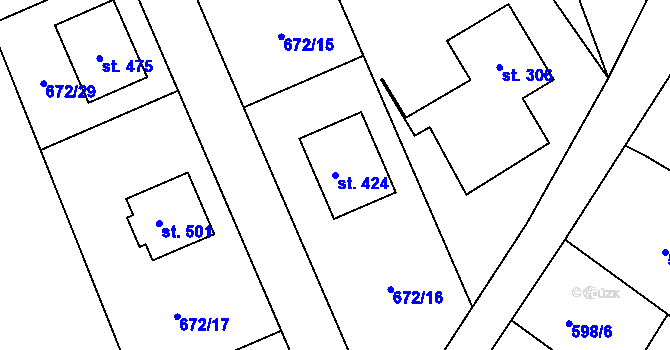 Parcela st. 424 v KÚ Mezirolí, Katastrální mapa