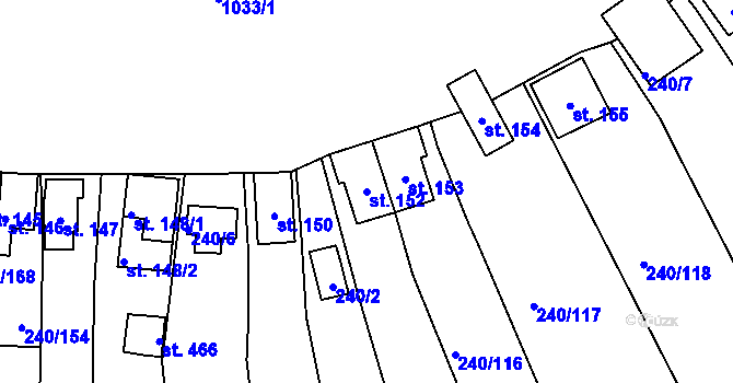 Parcela st. 152 v KÚ Mezirolí, Katastrální mapa