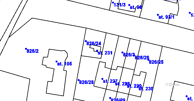 Parcela st. 231 v KÚ Mezirolí, Katastrální mapa