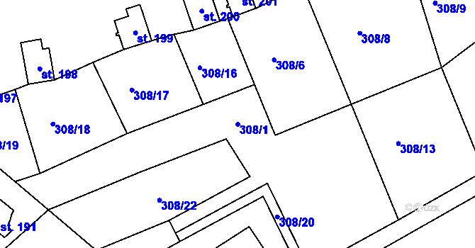 Parcela st. 308/1 v KÚ Mezirolí, Katastrální mapa