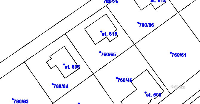 Parcela st. 760/65 v KÚ Nová Ves I, Katastrální mapa