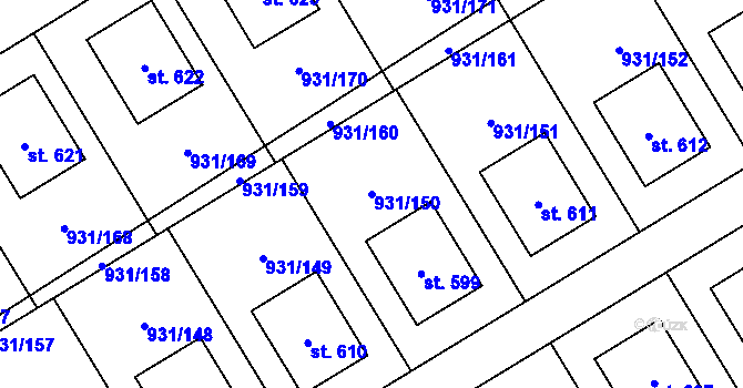 Parcela st. 931/150 v KÚ Nová Ves I, Katastrální mapa