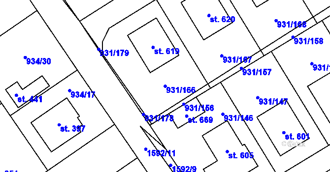 Parcela st. 931/166 v KÚ Nová Ves I, Katastrální mapa