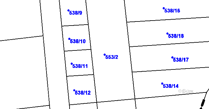 Parcela st. 553/2 v KÚ Hlízov, Katastrální mapa