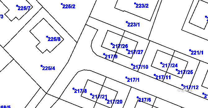 Parcela st. 217/9 v KÚ Hlízov, Katastrální mapa