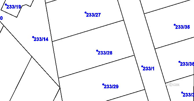 Parcela st. 233/28 v KÚ Hlízov, Katastrální mapa