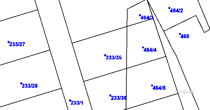 Parcela st. 233/35 v KÚ Hlízov, Katastrální mapa