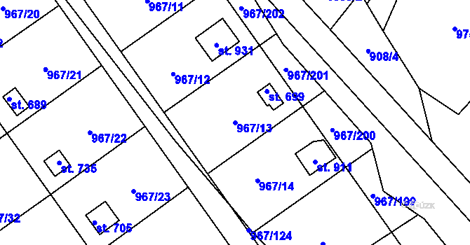 Parcela st. 967/13 v KÚ Nové Hrady, Katastrální mapa