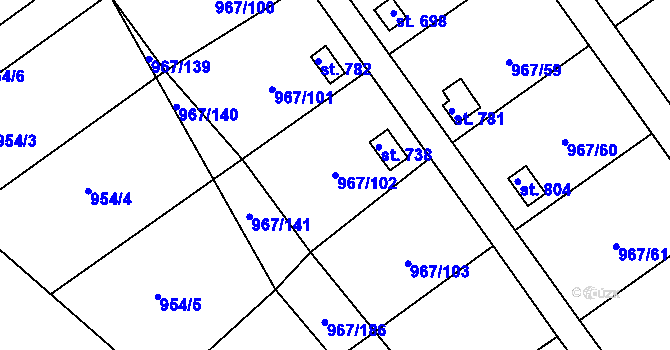 Parcela st. 967/102 v KÚ Nové Hrady, Katastrální mapa