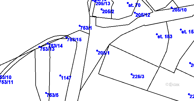 Parcela st. 205/1 v KÚ Krčín, Katastrální mapa