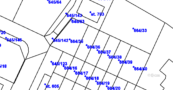 Parcela st. 664/36 v KÚ Krčín, Katastrální mapa