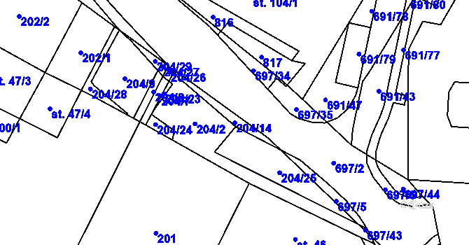 Parcela st. 204/14 v KÚ Nové Mitrovice, Katastrální mapa