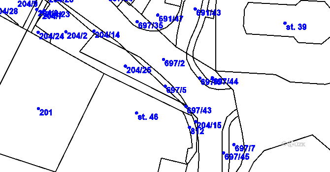 Parcela st. 697/5 v KÚ Nové Mitrovice, Katastrální mapa