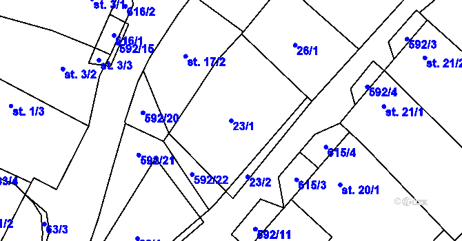Parcela st. 23/1 v KÚ Nové Sady u Velké Bíteše, Katastrální mapa