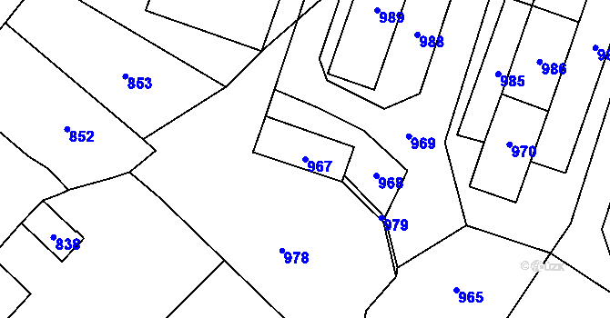 Parcela st. 967 v KÚ Nové Veselí, Katastrální mapa