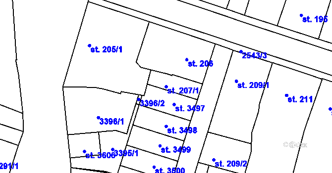 Parcela st. 207/1 v KÚ Nový Bydžov, Katastrální mapa