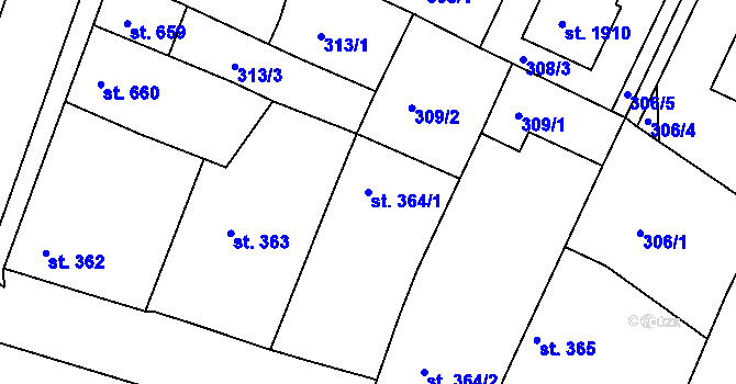 Parcela st. 364/1 v KÚ Nový Bydžov, Katastrální mapa