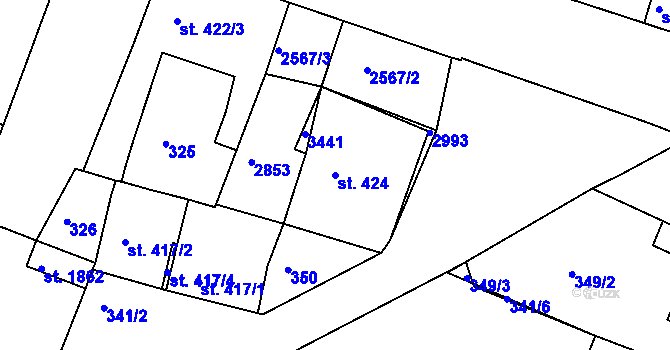 Parcela st. 424 v KÚ Nový Bydžov, Katastrální mapa