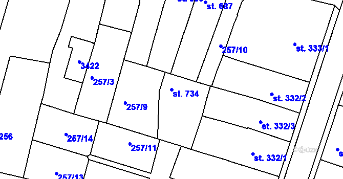 Parcela st. 734 v KÚ Nový Bydžov, Katastrální mapa
